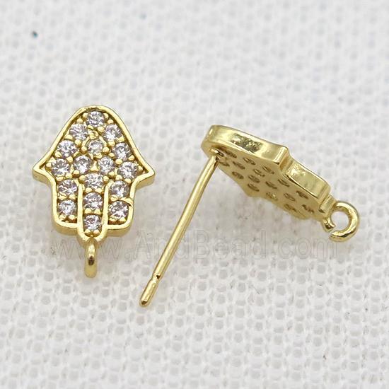 copper Studs Earrings paved zircon, hamsahand, gold plated