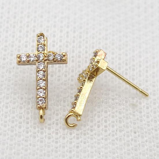 copper Studs Earrings paved zircon, cross, gold plated