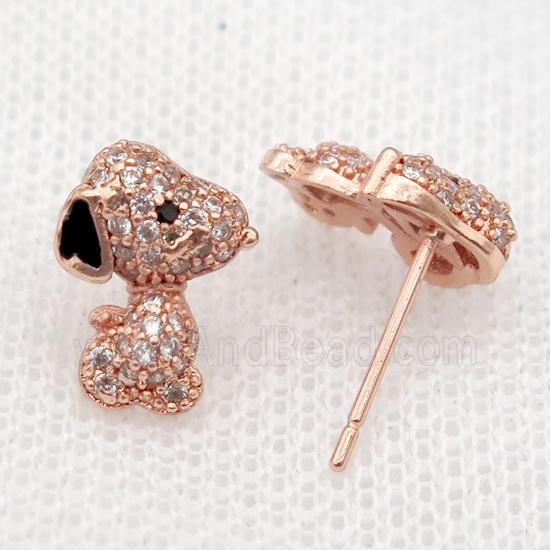 copper Studs Earrings paved zircon, dog, rose gold