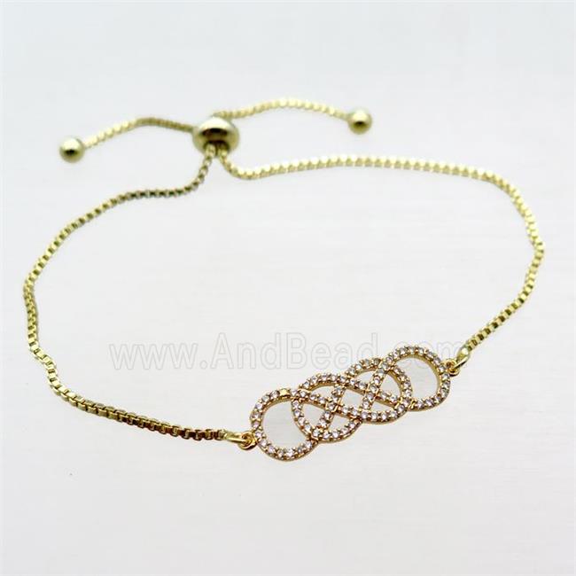 copper bracelet paved zircon, infinity, gold plated, Adjustable