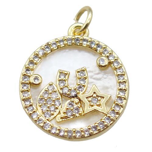 copper circle pendant paved zircon, gold plated, shell backing