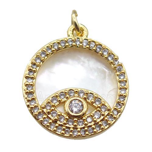 copper circle eye pendant paved zircon, gold plated, shell backing