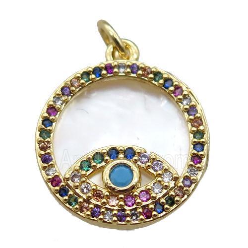 copper circle eye pendant paved zircon, gold plated, shell backing