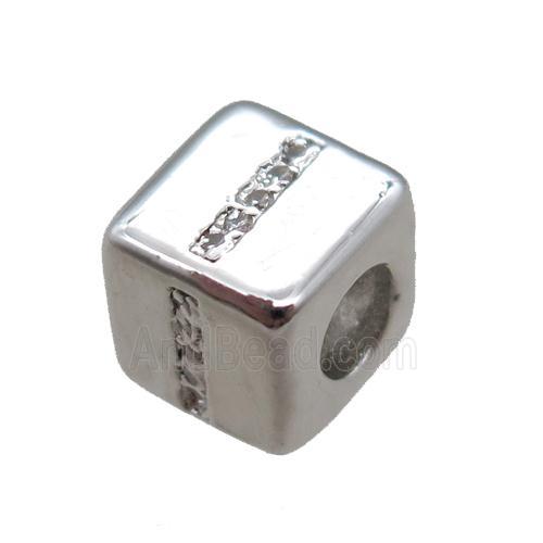copper cube letter-I beads pave zircon, platinum plated