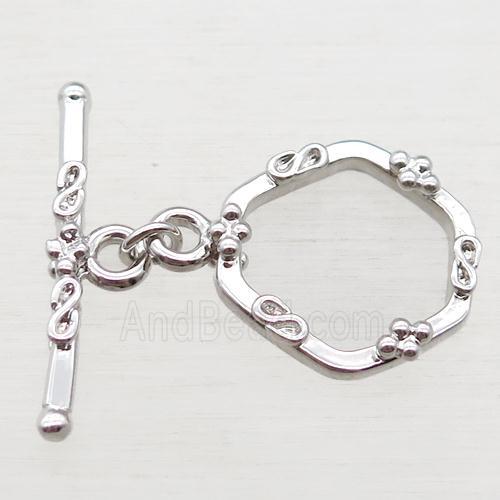 copper toggle clasp, hexagon, platinum plated