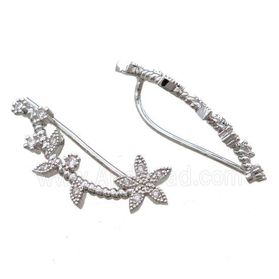 copper hook Earring paved zircon, flower, platinum plated