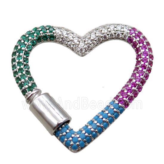 copper heart carabiner lock pendant paved zircon, screw, platinum plated