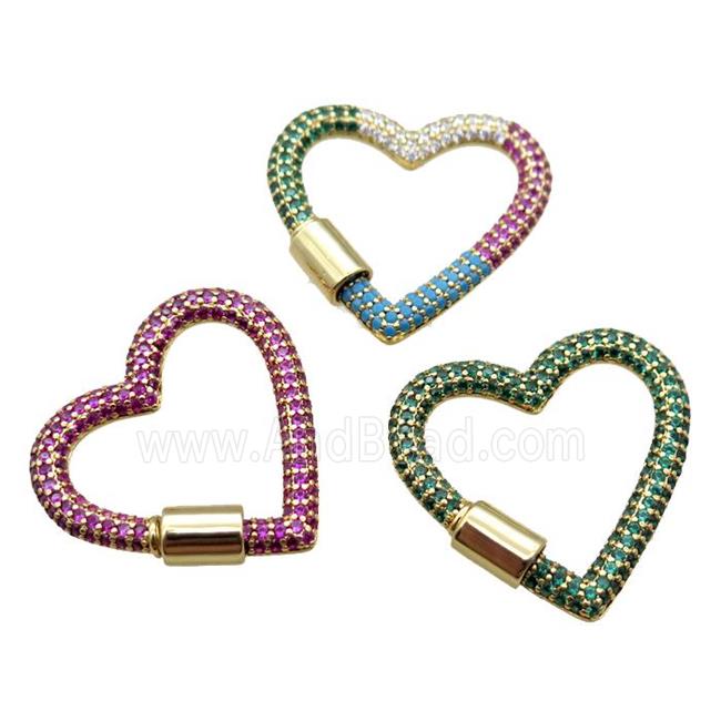copper heart carabiner lock pendant paved zircon, screw, gold plated, mixed