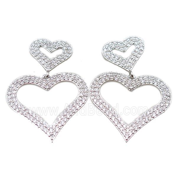 copper stud Earrings pave zircon, heart, platinum plated