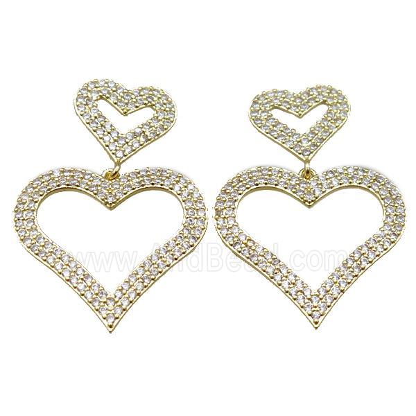 copper stud Earrings pave zircon, heart, gold plated