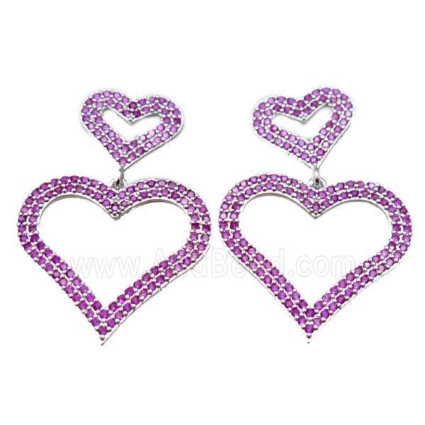 copper stud Earrings pave zircon, heart, platinum plated
