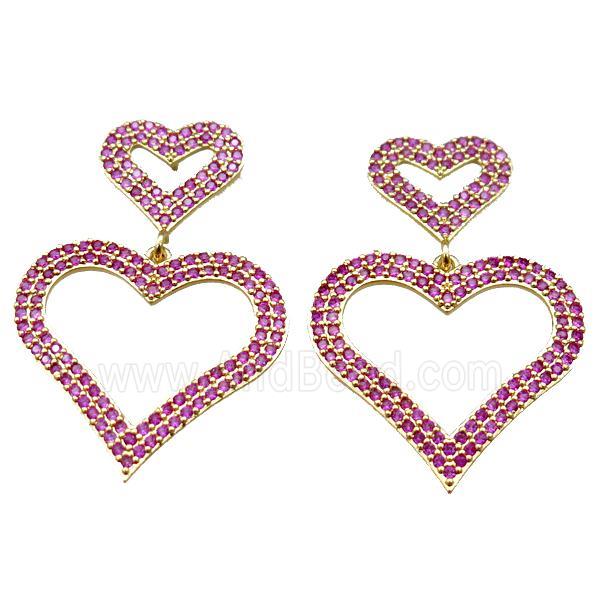 copper stud Earrings pave zircon, heart, gold plated