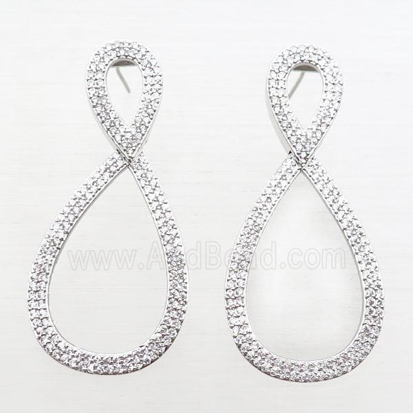 copper stud Earrings pave zircon, infinity, platinum plated
