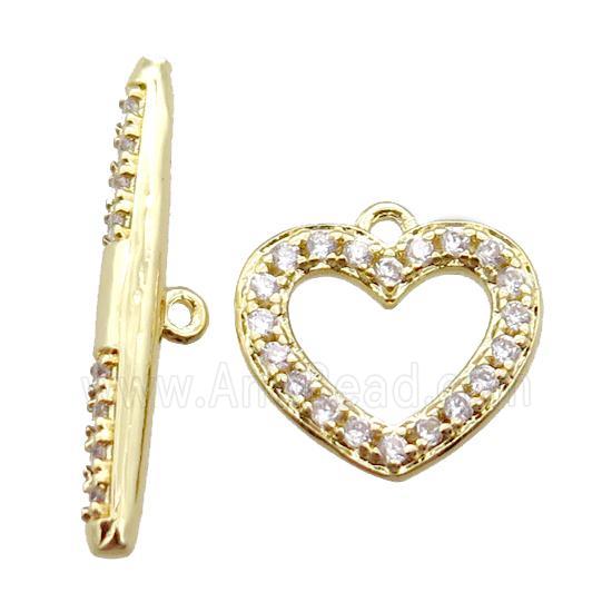 copper toggle clasp paved zircon, heart, gold plated
