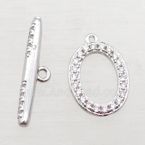 copper toggle clasp paved zircon, oval, platinum plated