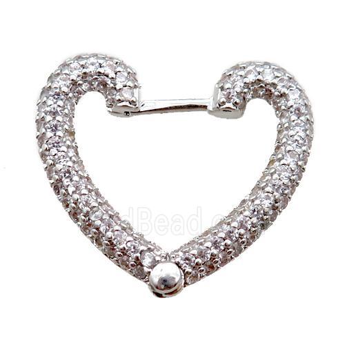copper Latchback Earrings pave zircon, heart, platinum plated