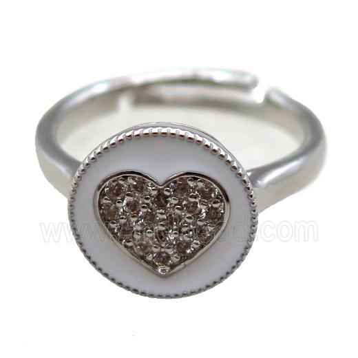 copper Ring pave zircon, enameling, heart, platinum plated