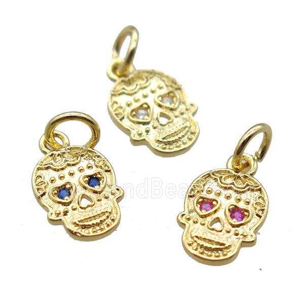 copper skull pendant paved zircon, gold plated, mixed