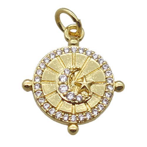 copper circle pendant paved zircon, gold plated