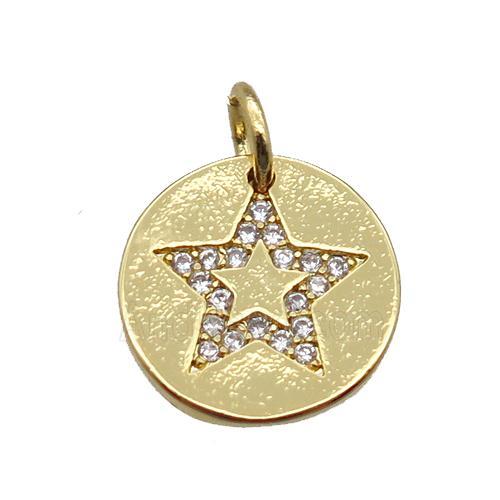 copper circle pendant paved zircon, star, gold plated