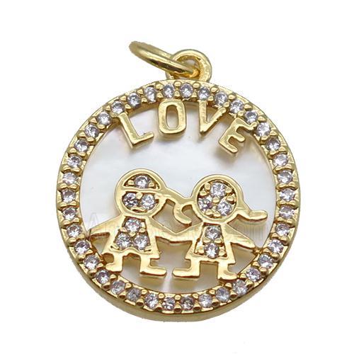 copper circle pendant paved zircon, couple, shell backing, gold plated