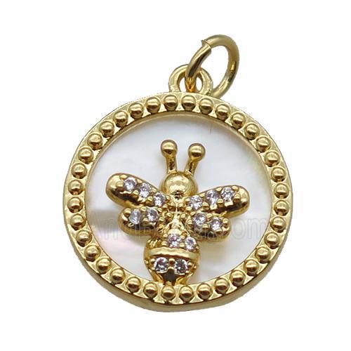 copper circle pendant paved zircon, honeybee, shell backing, gold plated