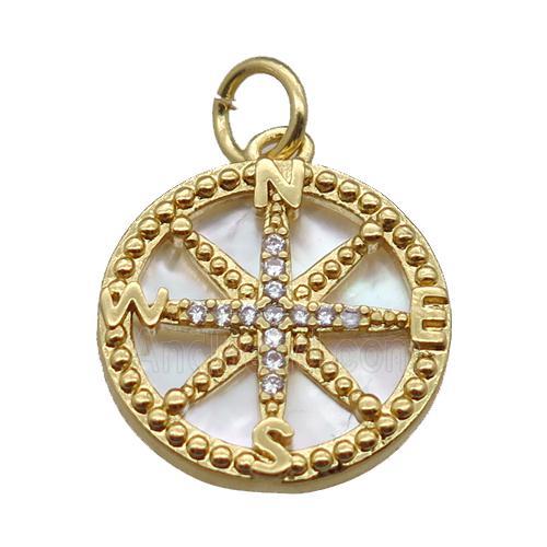 copper circle pendant paved zircon, compass, shell backing, gold plated