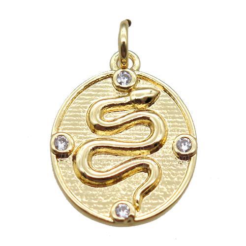copper oval pendant paved zircon, snake, gold plated