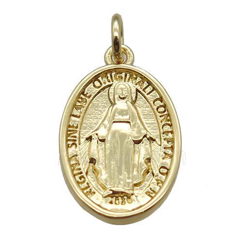 copper oval pendant, Virgin Mary, gold plated