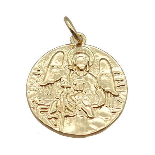 copper circle pendant, Virgin Mary, gold plated