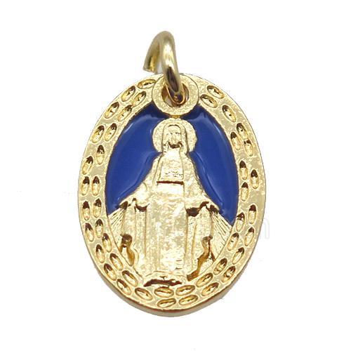 copper oval pendant, Virgin Mary, gold plated