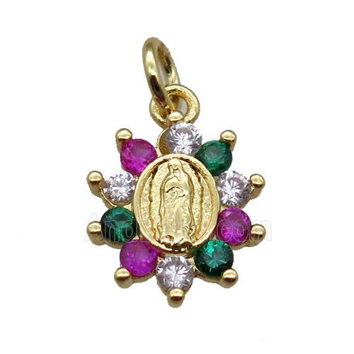 copper flower pendant paved zircon with Virgin Mary, gold plated
