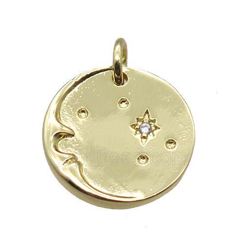 copper circle moon pendant paved zircon with star, gold plated
