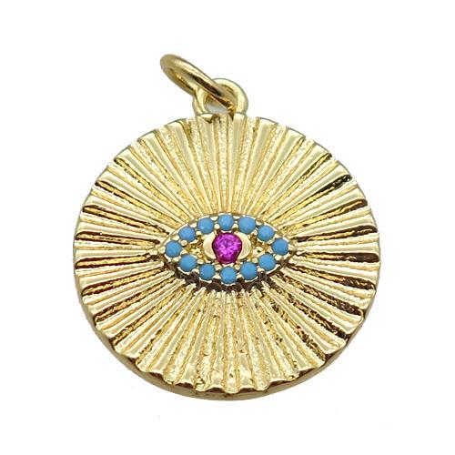 copper circle pendant paved zircon with eye, gold plated