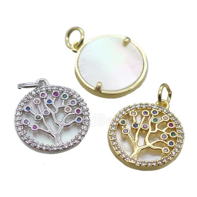 copper circle pendant paved zircon, tree of life, shell backing, mixed