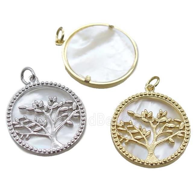 copper circle pendant, tree of life, shell backing, mixed