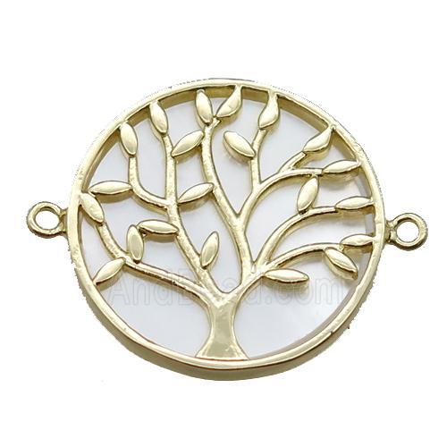 copper circle connector, tree of life, shell backing, gold plated