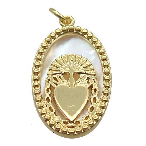 copper oval pendant, shell backing, gold plated