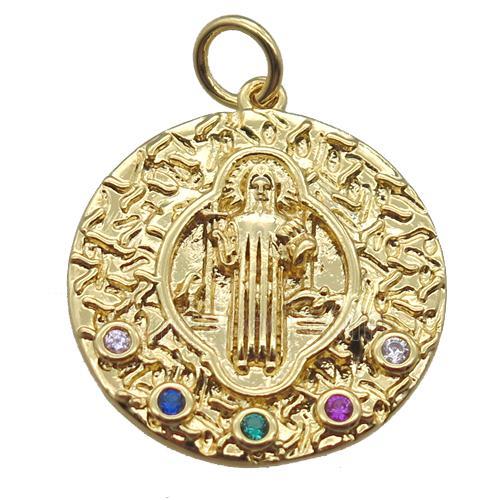 copper circle pendant paved zircon with Jesus, gold plated