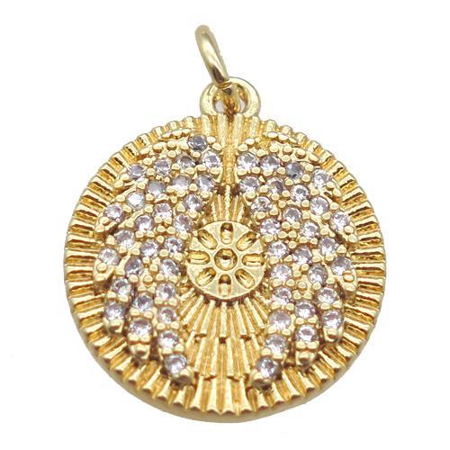 copper circle pendant paved zircon with wings, gold plated