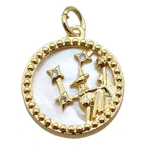 copper circle pendant paved zircon, Zodiac Virgo, shell backing, gold plated