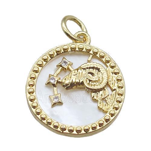copper circle pendant paved zircon, Zodiac Aries, shell backing, gold plated