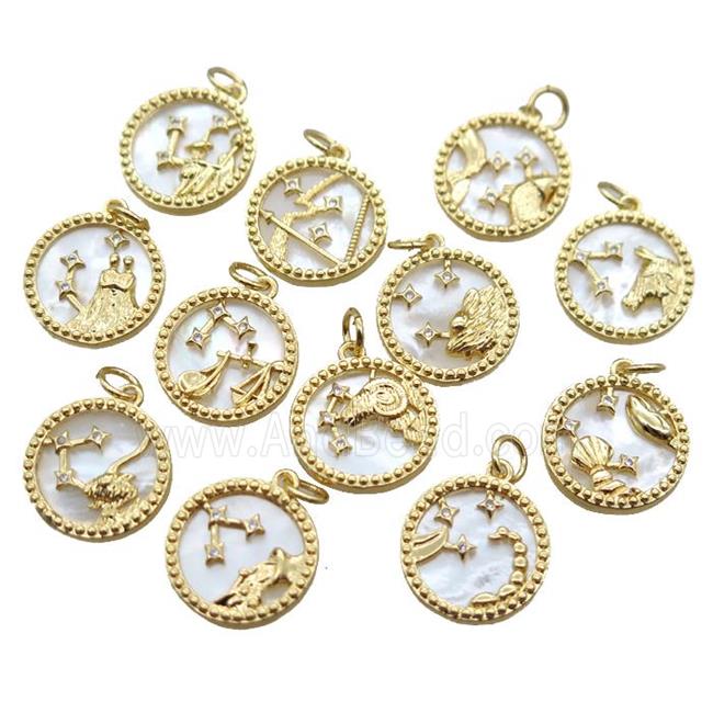 copper circle pendant paved zircon, mixed Zodiac, shell backing, gold plated