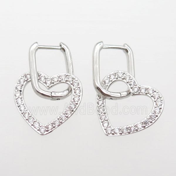 copper Latchback Earrings paved zircon, heart, platinum plated