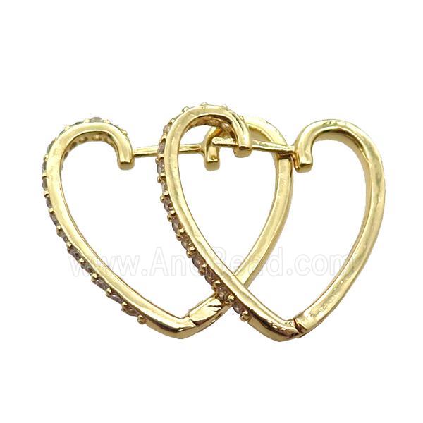 copper Latchback Earrings paved zircon, heart, gold plated