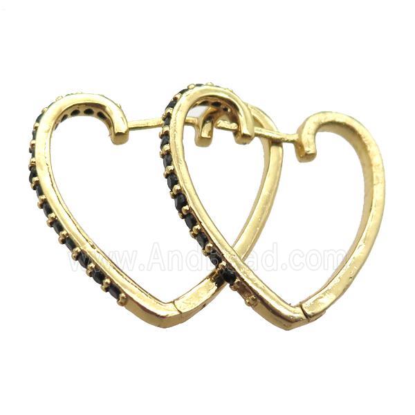 copper Latchback Earrings paved zircon, heart, gold plated