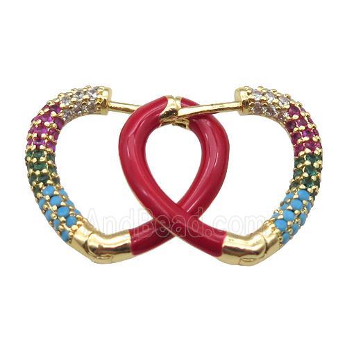 copper Latchback Earrings pave zircon with red Enameling, gold plated