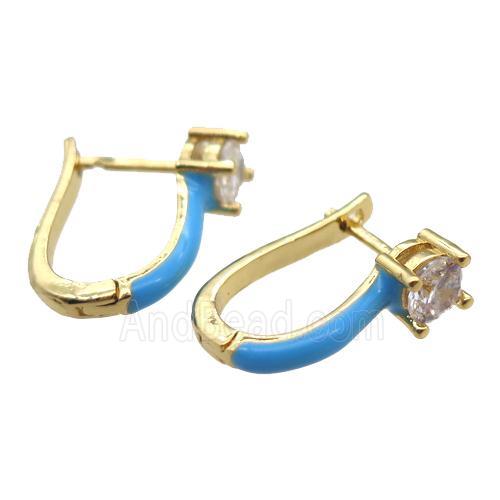 copper Latchback Earrings pave zircon with blue Enameling, gold plated