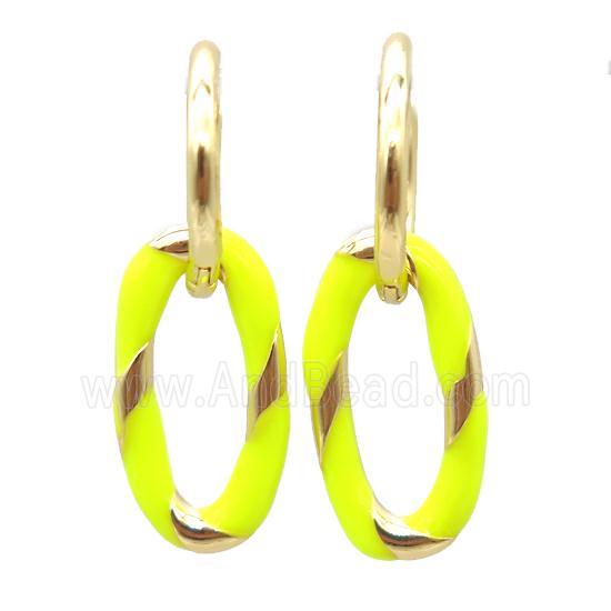 copper hoop Earring with yellow enameling, oval, gold plated