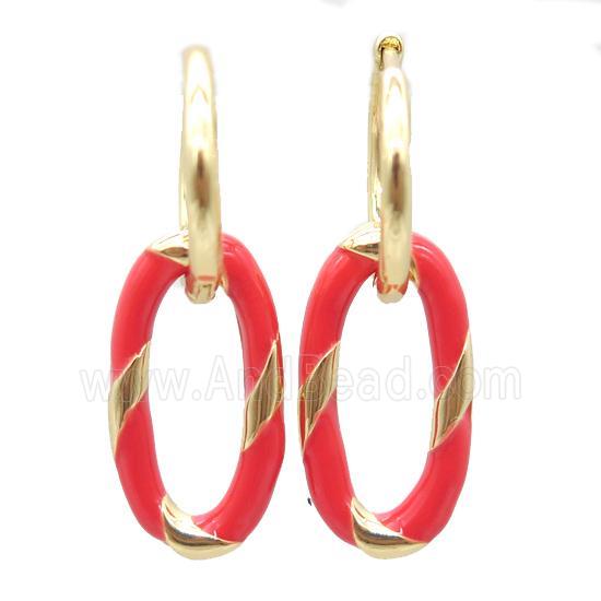 copper hoop Earring with red enameling, oval, gold plated